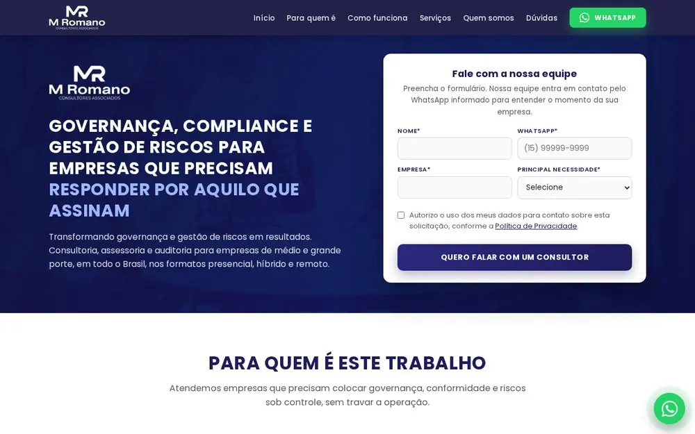Print do site M Romano Consultores Associados. mroconsultoresassociados.com.br