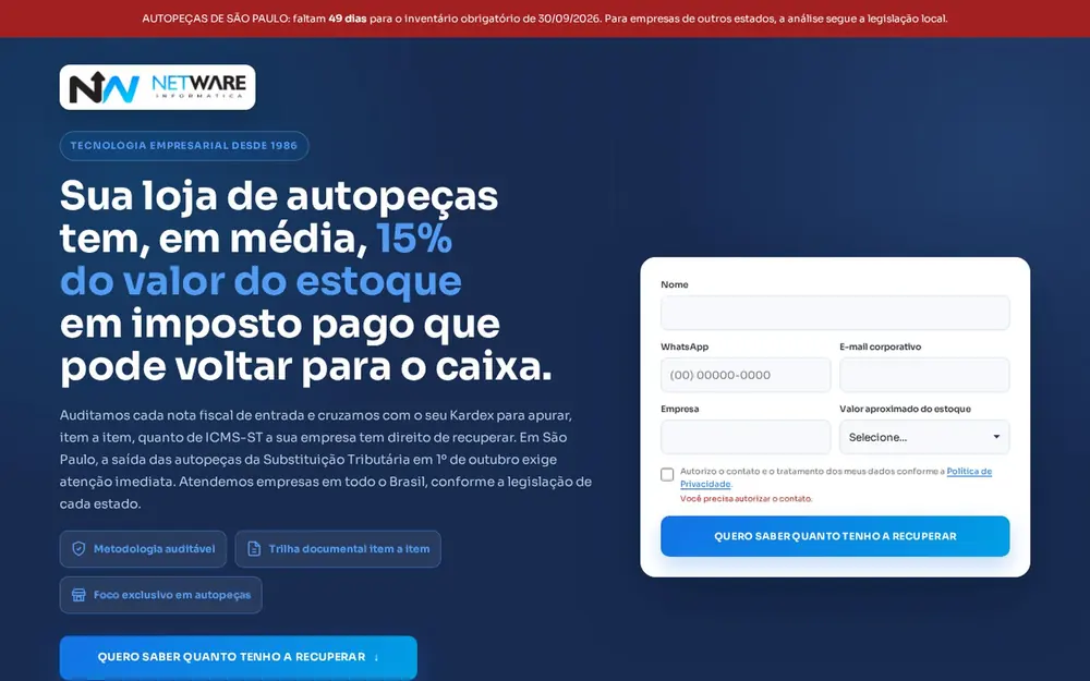 Print do site NW Sistems. nwsystems.com.br